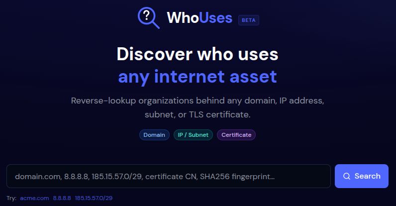WhoUses: identify the organizations associated with an Internet asset